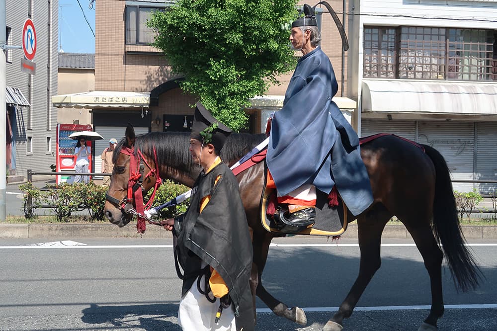行列には馬や牛車も。皆,葵の葉をつけています